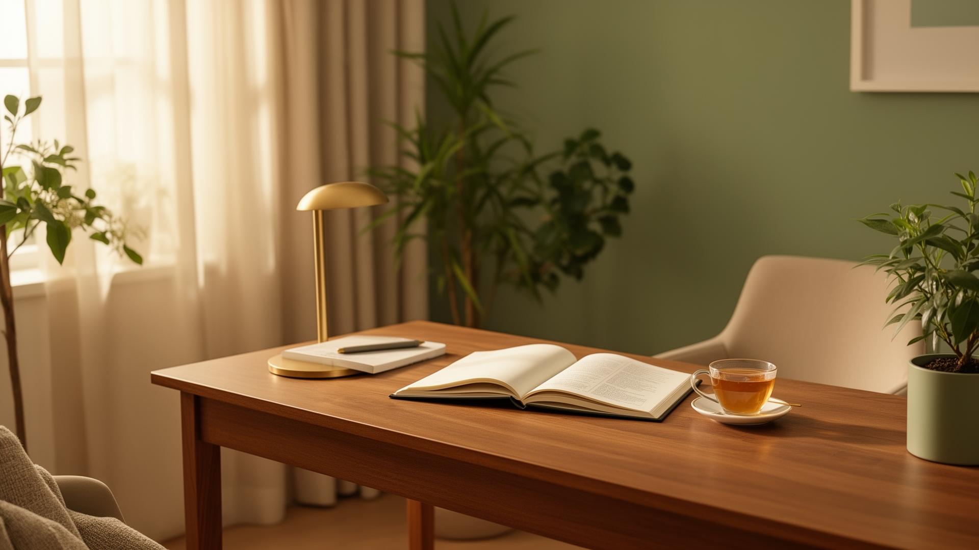 Espacio de trabajo cálido y sereno con cuaderno abierto y té